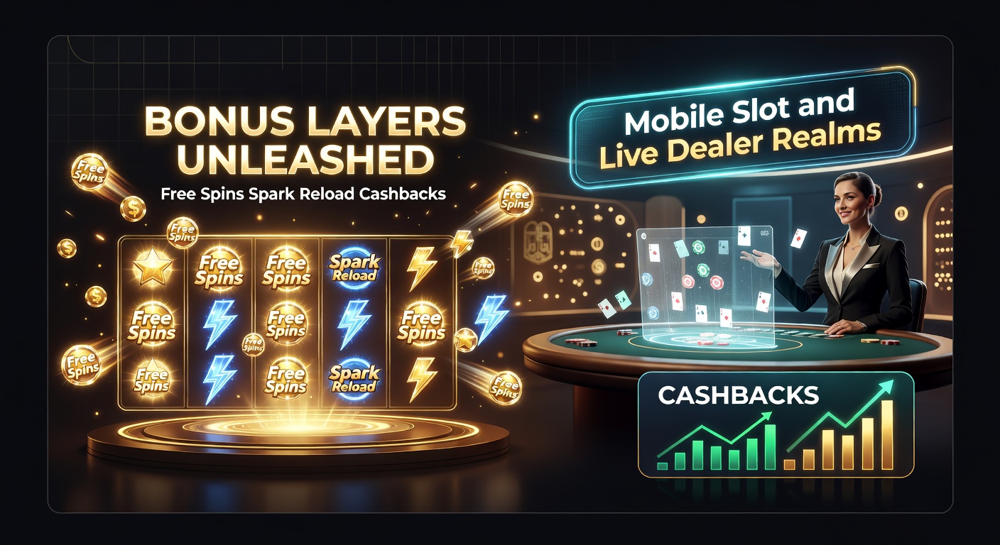 Vibrant mobile slot screen displaying cascading free spins and glowing cashback icons amid live dealer blackjack tables