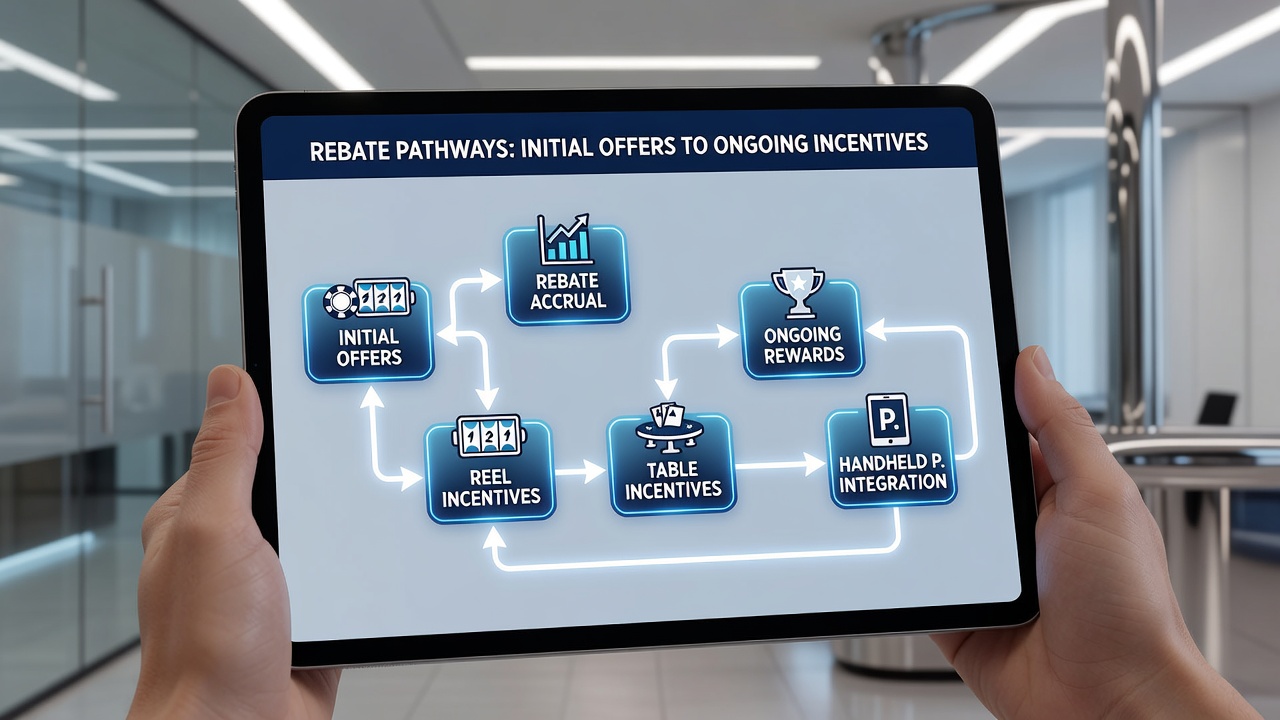 Handheld device displaying ongoing rebate credits applied to live table games and slot reels