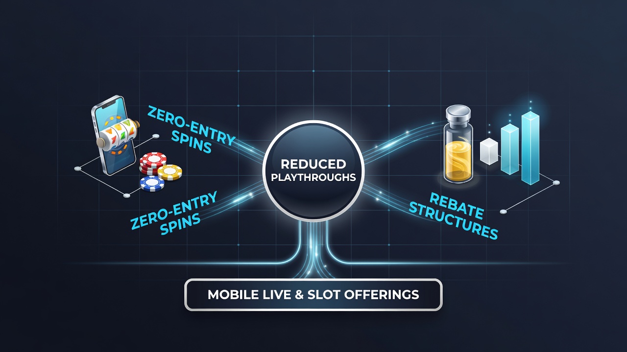 Mobile casino interface showing zero-entry spins integrated with rebate options on live dealer and slot games