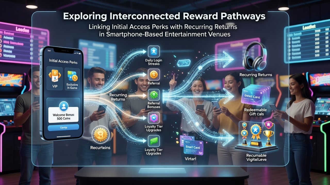 Smartphone displaying interconnected reward pathways in a mobile casino app interface with bonus icons and return arrows