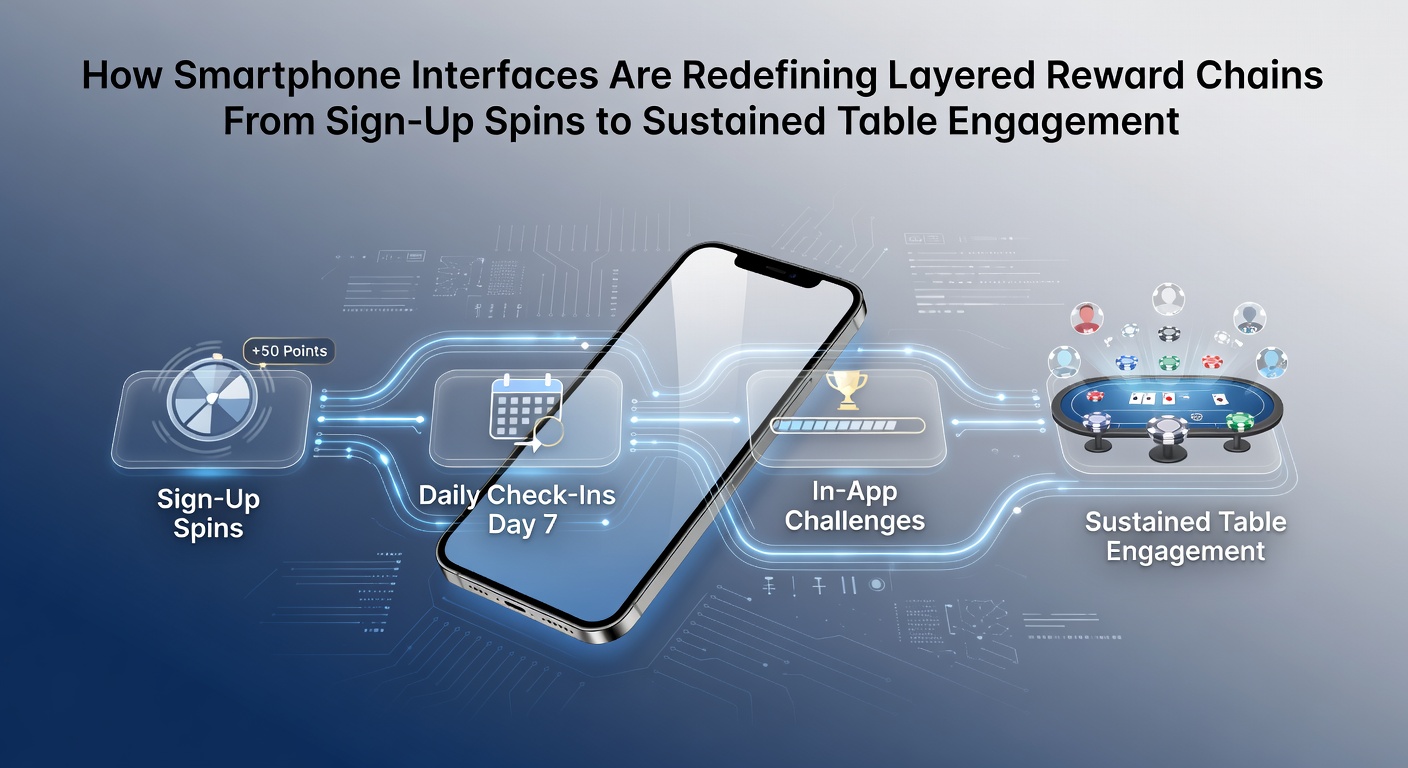 Smartphone screen displaying layered casino reward interface with sign-up spins and table engagement features