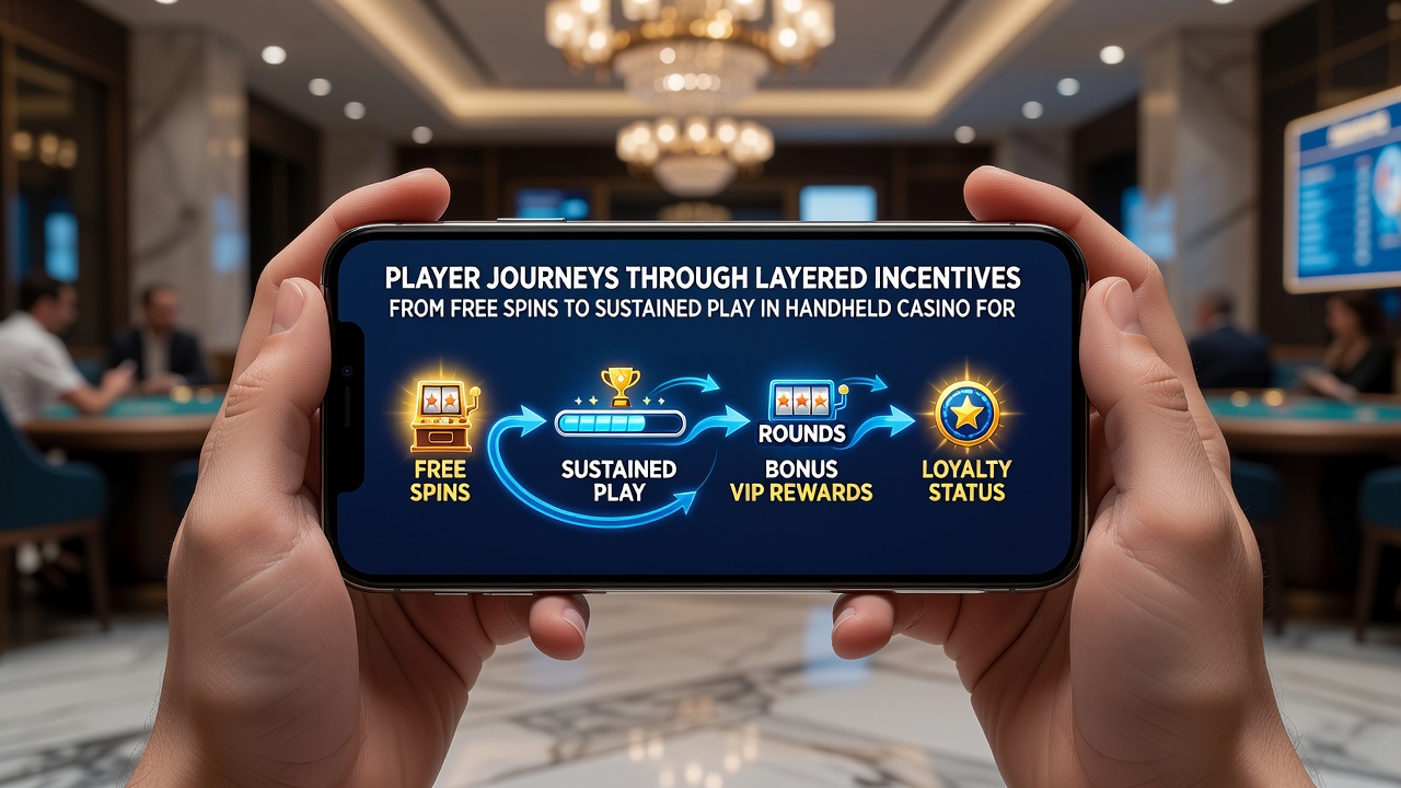 Handheld casino app screen showing progression from free spins to ongoing reward tiers and session analytics