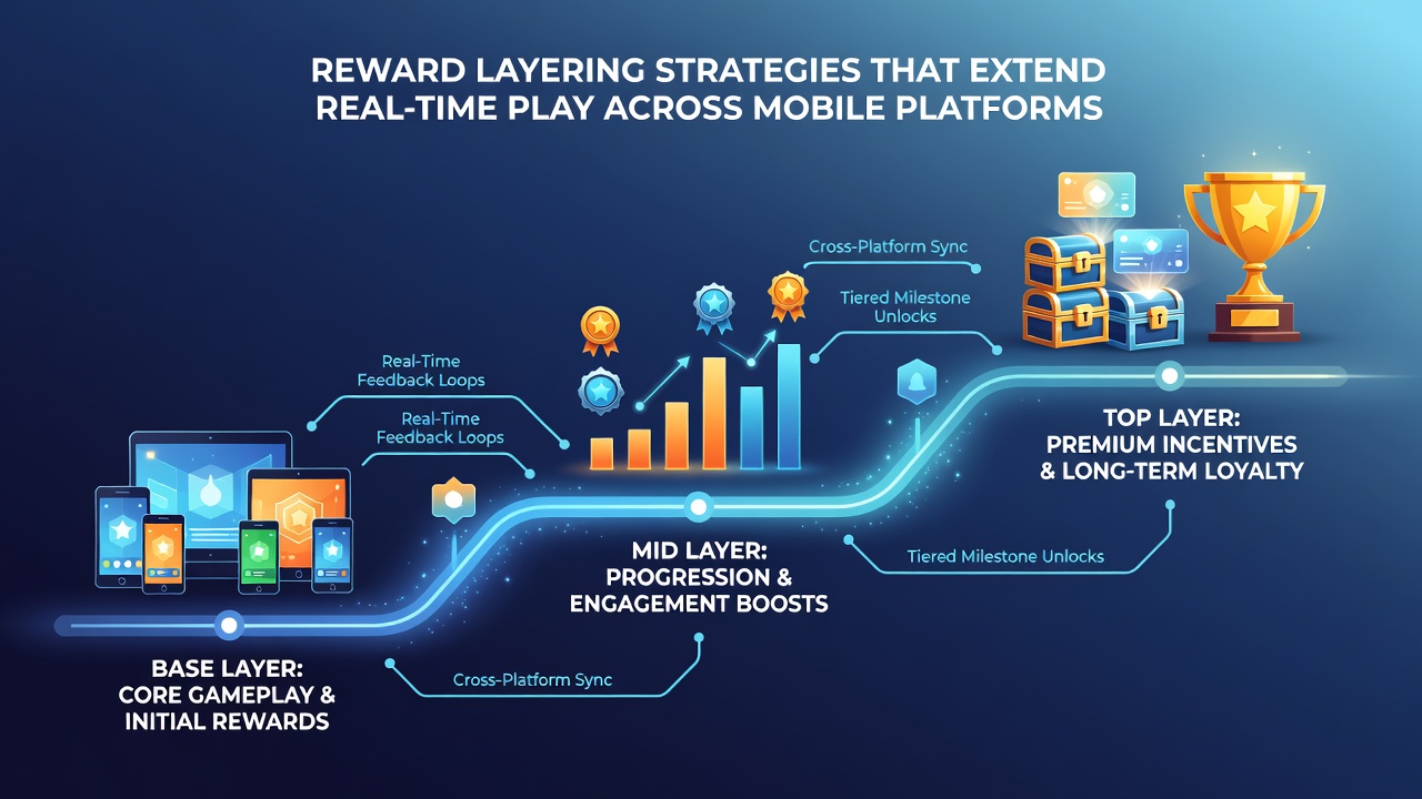 Mobile devices displaying synchronized reward progress and layered bonus indicators in real-time play