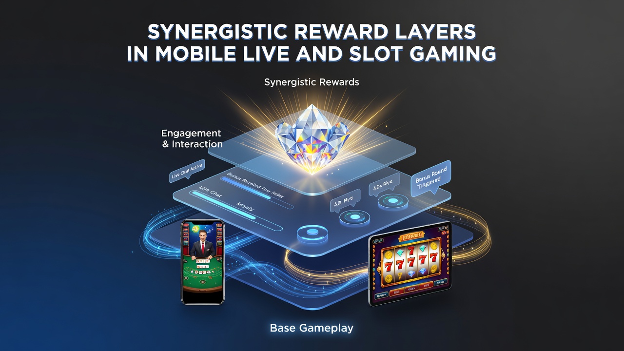 Mobile device displaying layered reward notifications in a slot game interface with live dealer elements in background